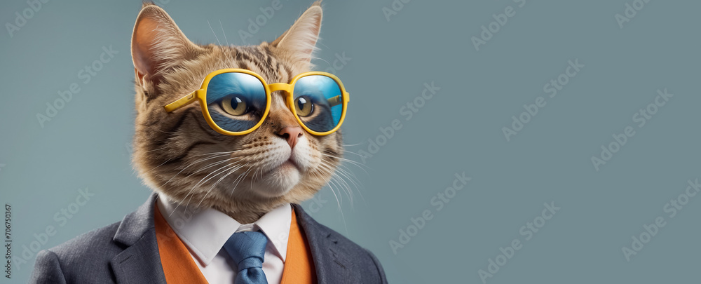 Cute cartoon cat with glasses and suit character