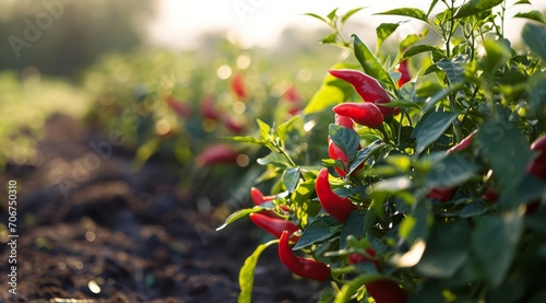Red chilli peppers growing in abundance on lush green plants in a farm field. photo