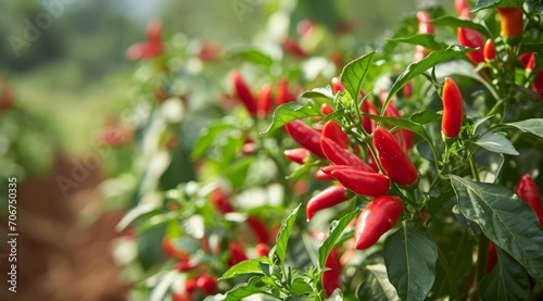 Bright red chilli peppers thriving on the plant in a sunny agricultural field.