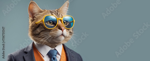 Cute cartoon cat with glasses and suit character