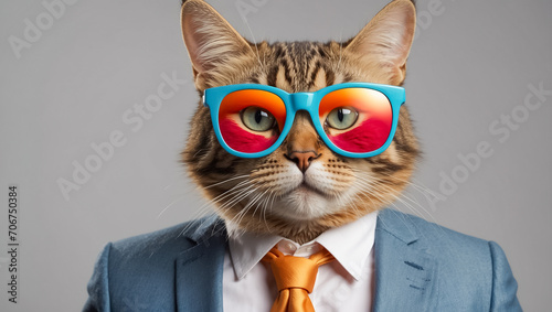 Cute cartoon cat with glasses and suit intelligent