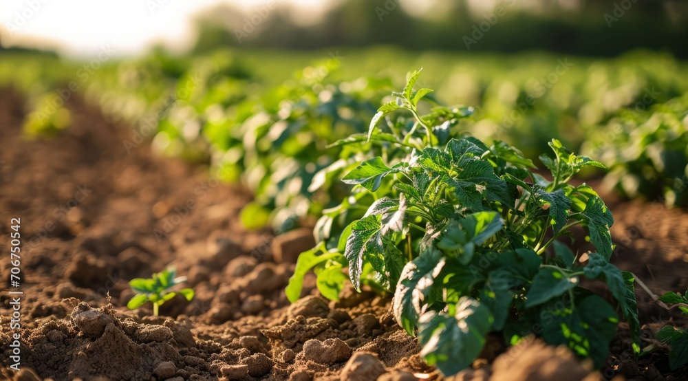Sunlit potato plants in a field, with ripe tubers scattered on the soil.
