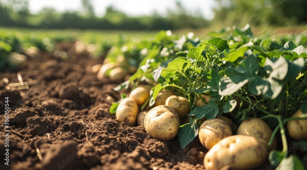 Sunlit potato plants in a field, with ripe tubers scattered on the soil. Sunlit potato plants in a field, with ripe tubers scattered on the soil.