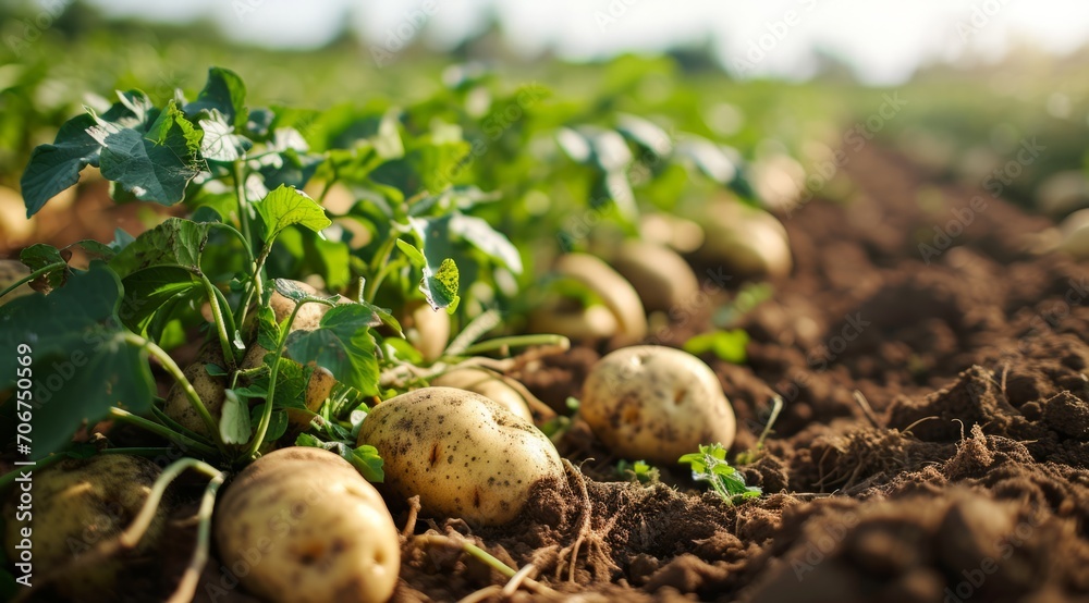 Sunlit potato plants in a field, with ripe tubers scattered on the soil. Sunlit potato plants in a field, with ripe tubers scattered on the soil.