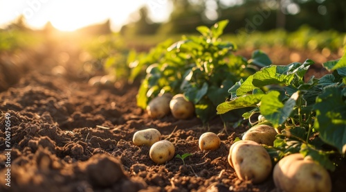 Sunlit potato plants in a field, with ripe tubers scattered on the soil. photo