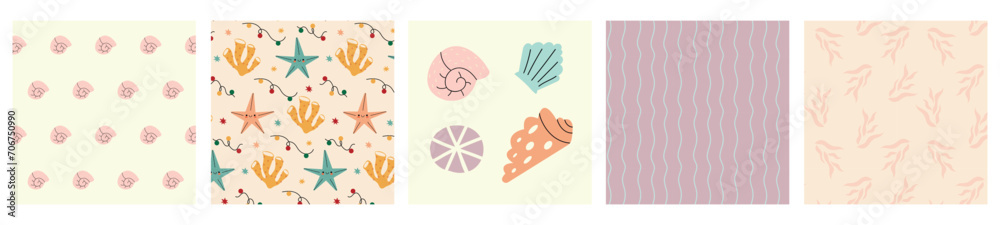 Set of tropical beach sea shell seamless pattern. Summer marine animal background design. Vacation travel concept. Ocean snail collection flat cartoon backdrop illustration.