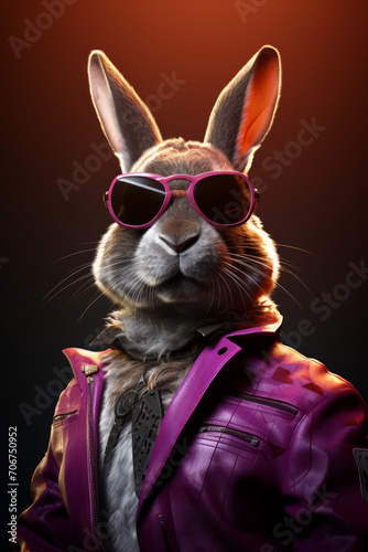Easter cyberpunk Rabbit with sunglasses and modern jacket isolated on black podloga. Holiday fashion scene