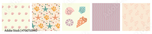 Set of tropical beach sea shell seamless pattern. Summer marine animal background design. Vacation travel concept. Ocean snail collection flat cartoon backdrop illustration.