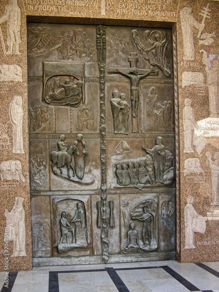 Details of the portal of the Basilica of the Annunciation in Nazareth where scenes from the life of Jesus are represented.