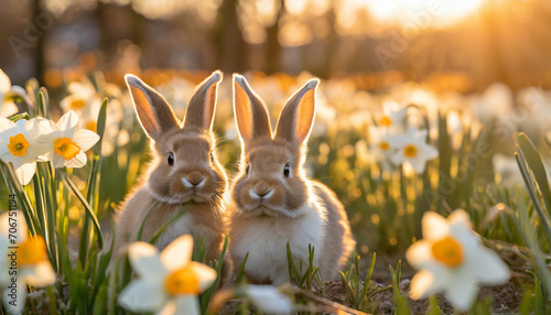 Two cute little easter rabbits looking at camera sitting in a narcissus flower field at golden hout photo