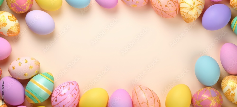 Pastel Easter eggs adorned with gold details on a peach background. Suitable for spring event announcements and holiday marketing. Represents Easter elegance. Top view. Banner with copy space