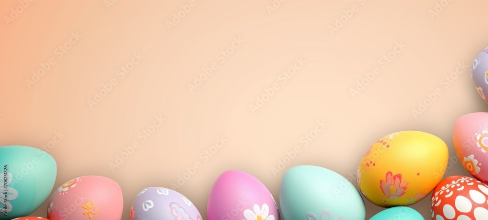 Row of vibrantly colored Easter eggs on a soft peach background with space for text. Suitable for Easter holiday promotions and spring event announcements. Banner