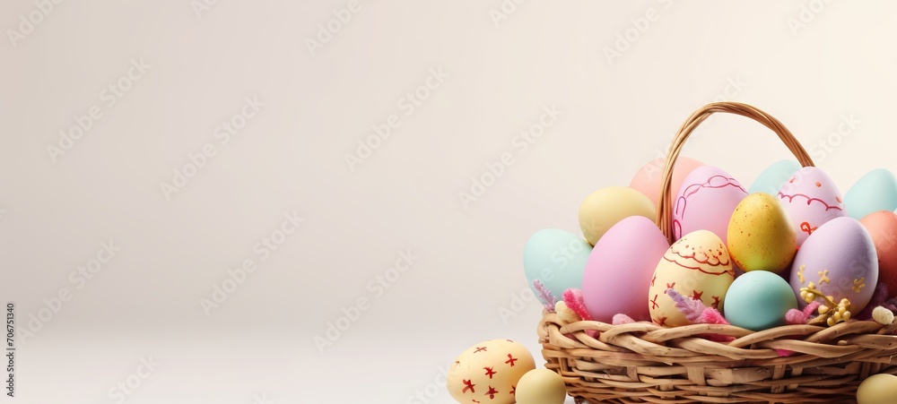 Colorful Easter eggs with intricate designs in rustic basket on white background. Banner with copy space. Suitable for spring holiday marketing and festive decoration visuals. Easter traditions.