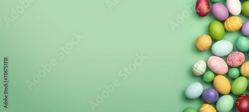 Assortment of colorful Easter eggs on a light green background. Perfect for use in seasonal promotions, festive Easter content, and holiday invitations. Top view. Banner with copy space