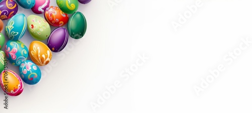 Assortment of colorful hand-painted Easter eggs on white background. Perfect for use in seasonal promotions, festive Easter content, and holiday invitations. Top view. Banner with copy space