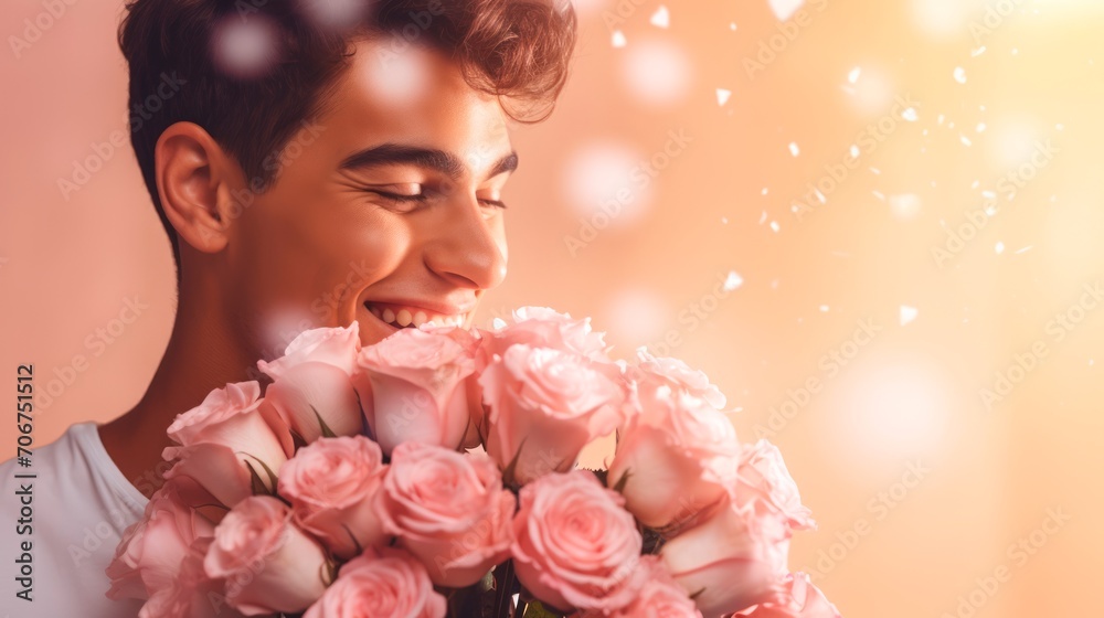 Young handsome man holds bouquet of pink roses on blurred background with a bokeh. Banner with copy space. Can be used in greeting cards or Valentines Day promotions, symbolizing love and affection.