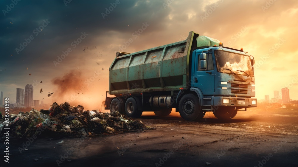 Garbage truck unloading trash at a landfill. Good for environmental or waste management purposes