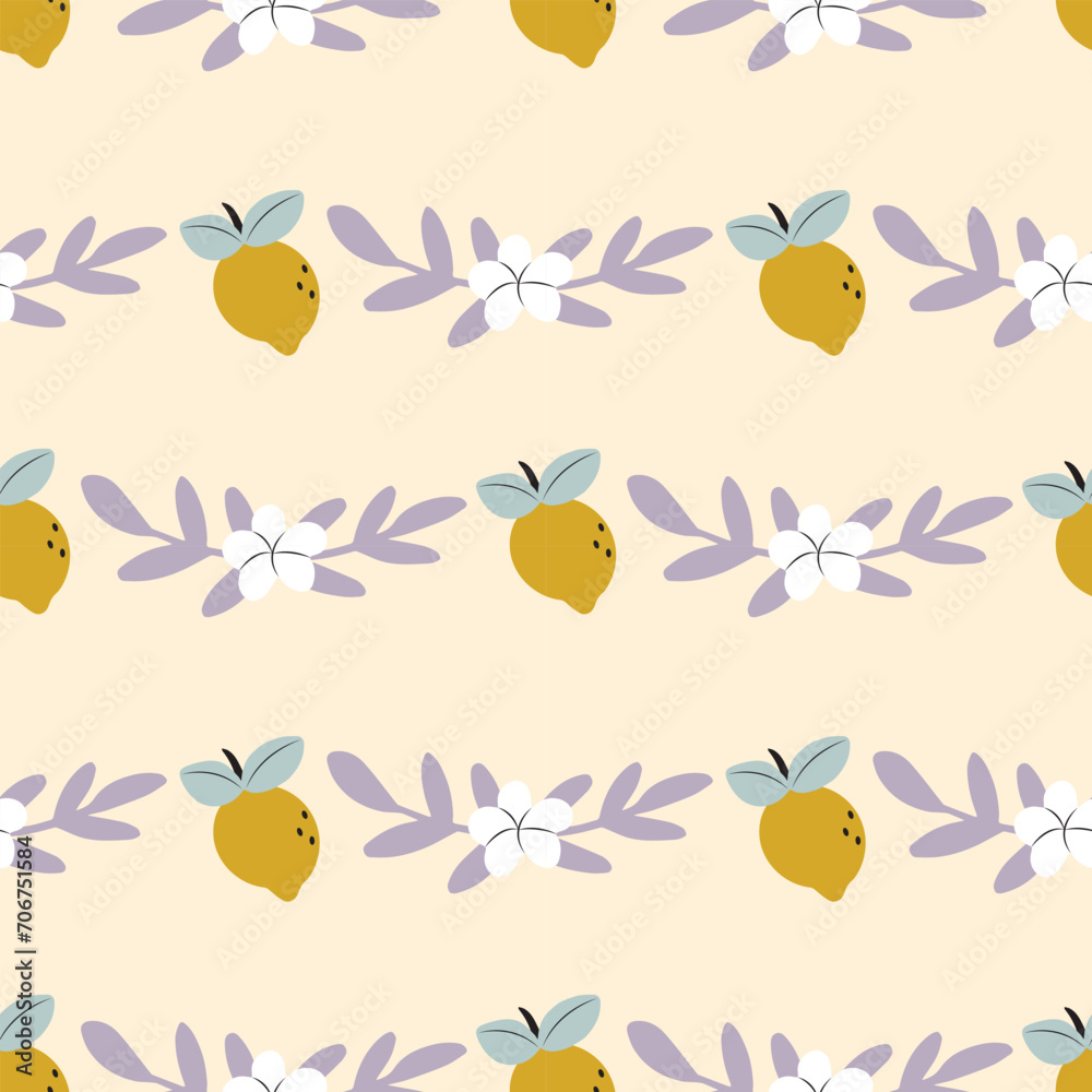 Vector summer pattern with lemons, flowers . Seamless texture design.
