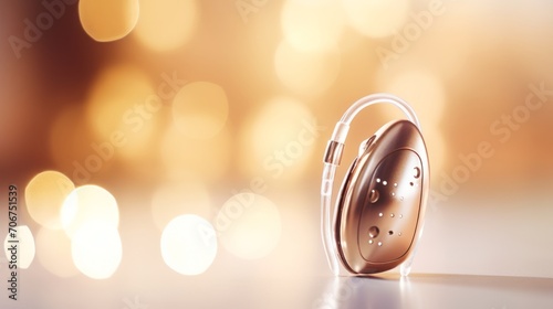 Close up of modern hearing aid on blurred background and bokeh lights. Treatment of people with hearing loss. Banner with copy space. Suitable for showcasing in medical and healthcare services photo