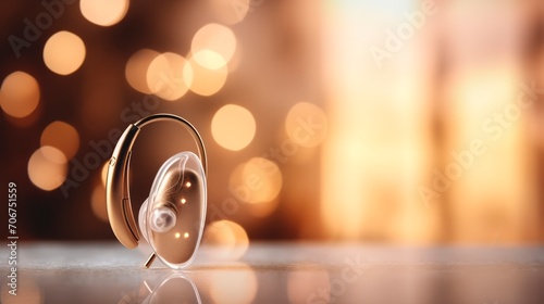 Hearing aid on blurred background and bokeh. Treatment of people with hearing loss. Banner with copy space. Medicine and science. Ideal for showcasing in medical and healthcare services
