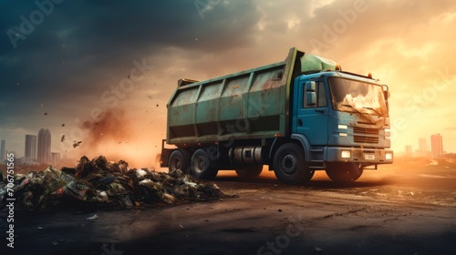 Garbage truck unloading trash at a landfill. Good for environmental or waste management purposes