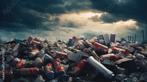 A large pile of garbage and discarded items under a stormy sky. A landfill with cans, bottles, and other trash. Ideal for waste management, environmental or pollution-related content