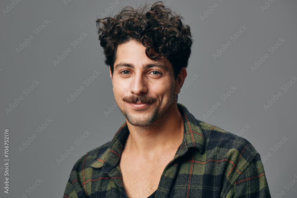 Fototapeta premium Man fashion shirt male copyspace face hipster trendy smile standing handsome cool portrait