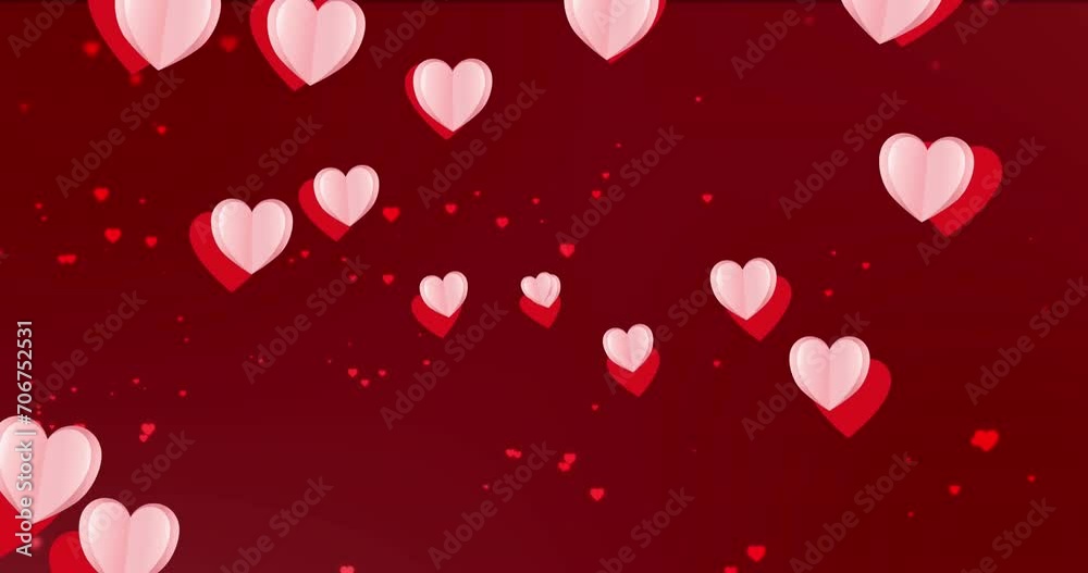 Animation of white and red heart icons moving over red background
