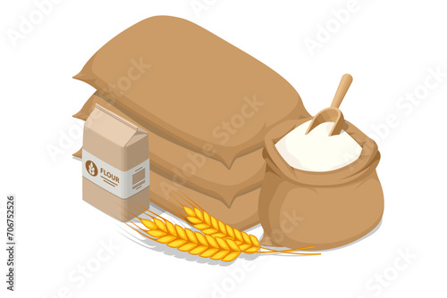 Isometric wheat flour in sack and spikelets isolated on white. Healthy eating and dieting food. Flour contains gluten