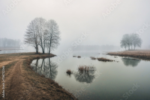 The rural lake feels cold when it is foggy