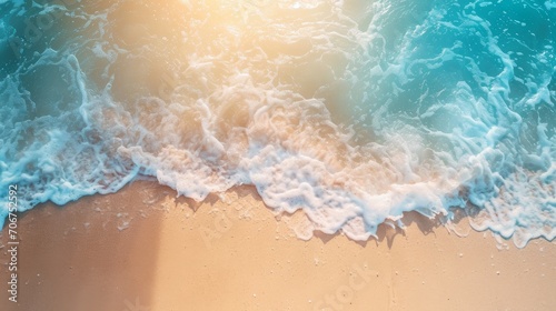 Abstract sand beach from above with light blue transparent water wave and sun lights, summer vacation background concept banner with copy space, natural beauty spa outdoors © Orxan