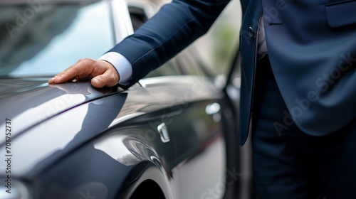 Businessman, hands and chauffeur by car door for travel accommodation, designated driver or commute. Hand of male person on vehicle handle in professional transport service, business class or pick up © Orxan
