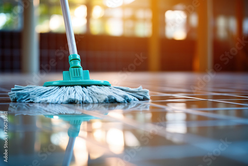 Wet cleaning of the floor using a mop. Concept of cleaning, housework. Generated by artificial intelligence