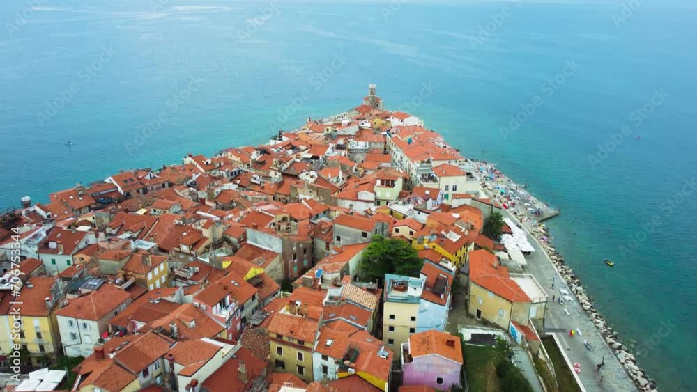 Aerial View of Old Town Piran, Adriatic Sea, Fortress, St. George's Parish Church. Slovenia Aerial View of Old Town Piran, Adriatic Sea, Fortress, St. George's Parish Church. Slovenia
