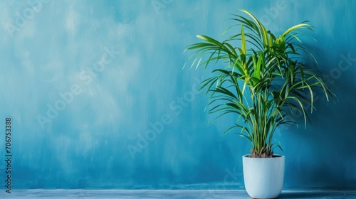 Plant against a blue wall background with copy space