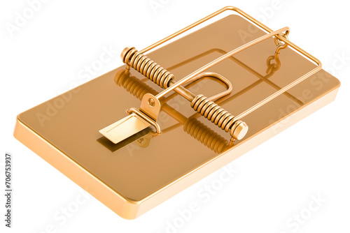 Golden mousetrap, 3D rendering isolated on transparent background