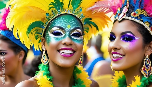 Two women wearing colorful costumes and makeup at a carnival.