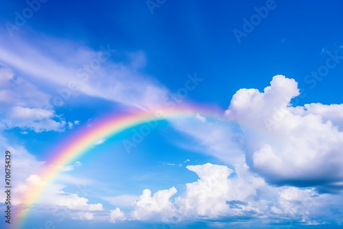 Experience the awe-inspiring beauty of a vibrant rainbow stretching across the vivid blue sky