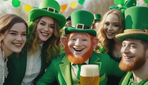 A group of people, including a leprechaun, celebrating St. Patrick's Day with beer and smiles.