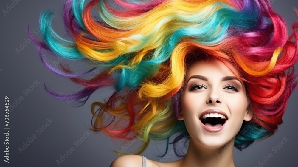 Obraz premium Beauty Model Girl with Colorful Rainbow Hairstyle, Girl with perfect Makeup and Hairstyle.