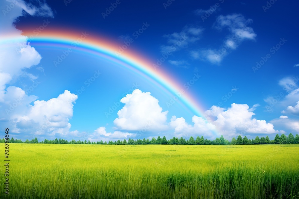 Experience the awe-inspiring beauty of a vibrant rainbow stretching across the vivid blue sky