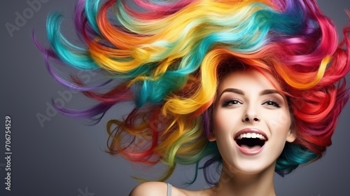 Beauty Model Girl with Colorful Rainbow Hairstyle, Girl with perfect Makeup and Hairstyle.
