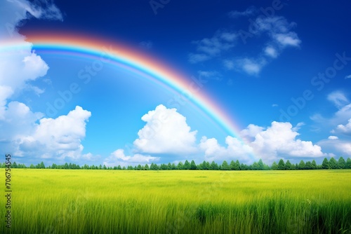 Experience the awe-inspiring beauty of a vibrant rainbow stretching across the vivid blue sky © Silvana