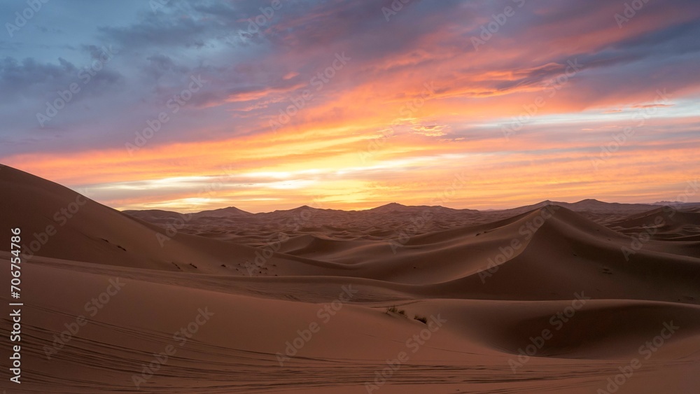 Sunrise in the desert, dunes, Erg Chebbi, Sahara, Merzouga, Morocco, Africa Sunrise in the desert, dunes, Erg Chebbi, Sahara, Merzouga, Morocco, Africa