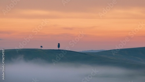 Sunrise with foggy atmosphere in the hilly landscape, aerial view, Tuscany, Crete Senesi, Siena province, Tuscany, Italy, Europe photo
