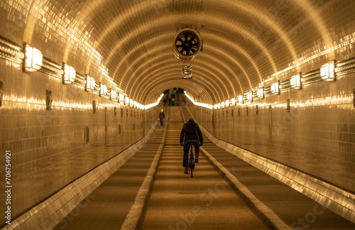 Elbe tunnel with bicycle at night, Hamburg Germany photo