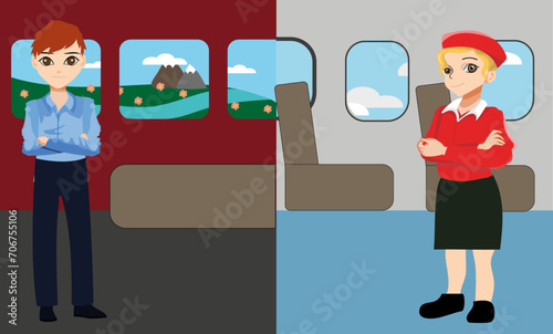 Flight attendant and train conductor at work, plane illustration