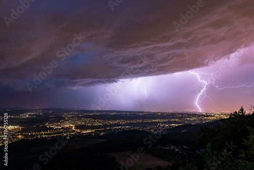 Thunderstorm lightning over the city of Basel, Canton Basel, Switzerland, Europe photo
