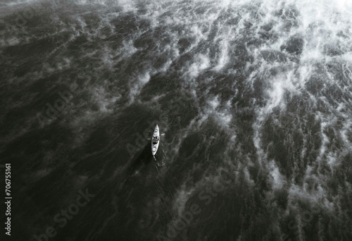 SW shot, canoeist at the Irrsee between fog, ground fog, from above, drone shot, aerial view, Zell am moss, Salzkammergut, Upper Austria, Austria, Europe