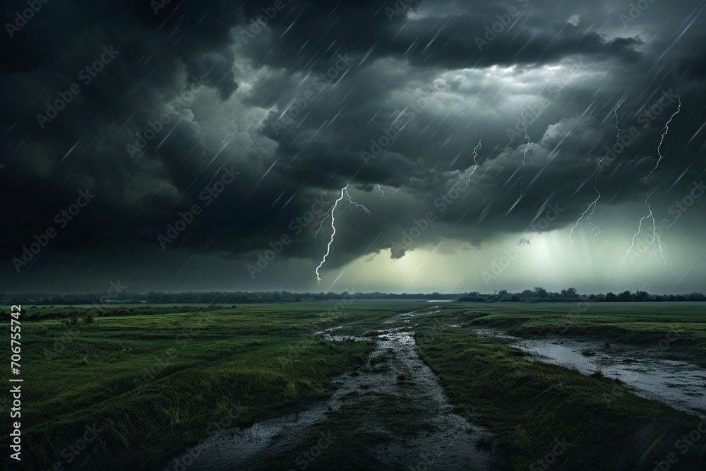 Experience the awe-inspiring spectacle of rain on the horizon as heavy clouds steadily close in, casting dramatic shadows over the landscape Experience the awe-inspiring spectacle of rain on the horizon as heavy clouds steadily close in, casting dramatic shadows over the landscape